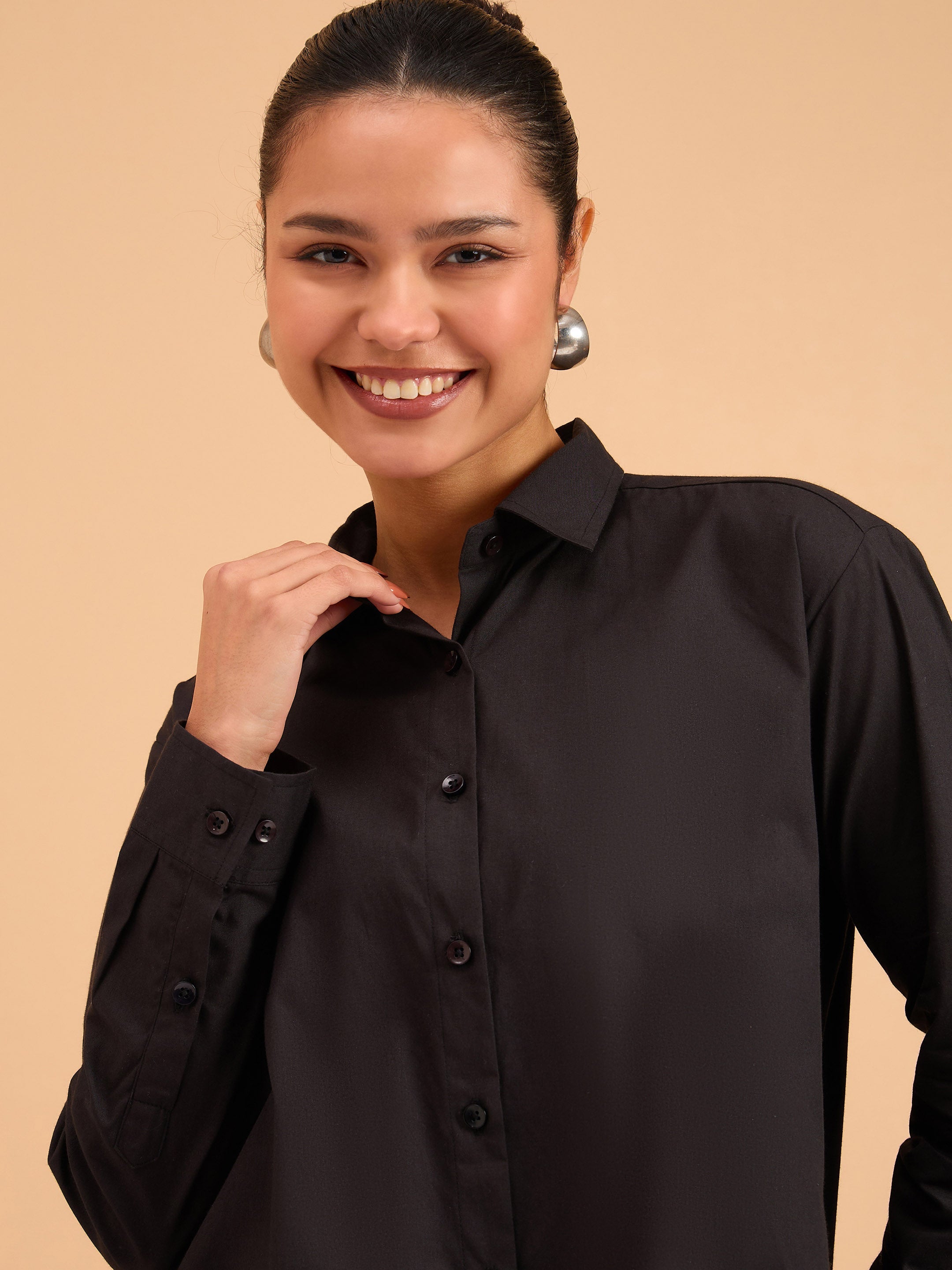 Women Black Poplin Oversized Shirt-BASHRT20537