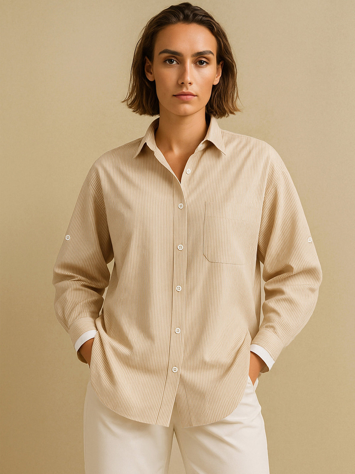 Women Beige Striped Roll Up Sleeves Shirt-BASHRT20541
