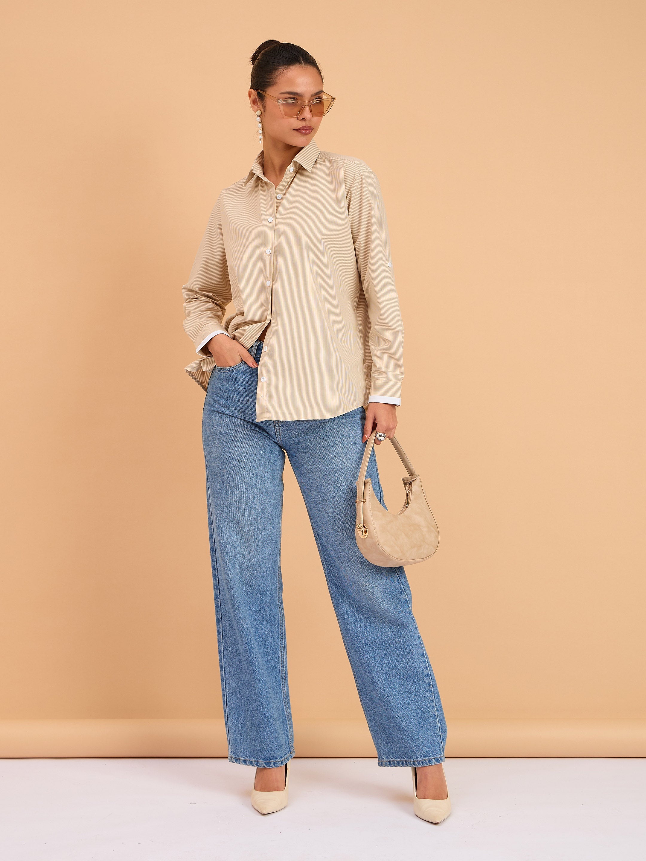 Women Beige Striped Roll Up Sleeves Shirt-BASHRT20541