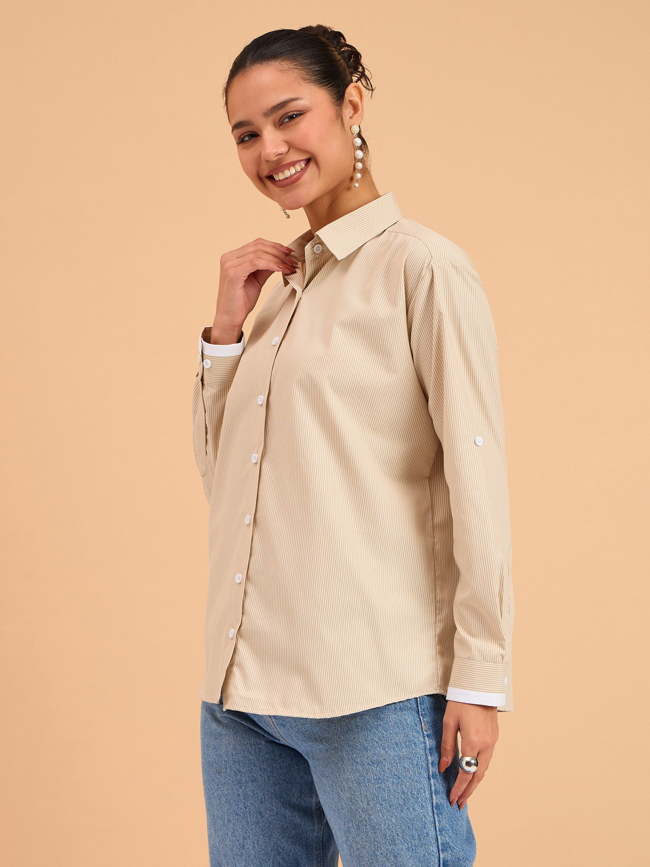 Women Beige Striped Roll Up Sleeves Shirt-BASHRT20541