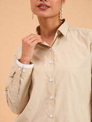 Women Beige Striped Roll Up Sleeves Shirt-BASHRT20541