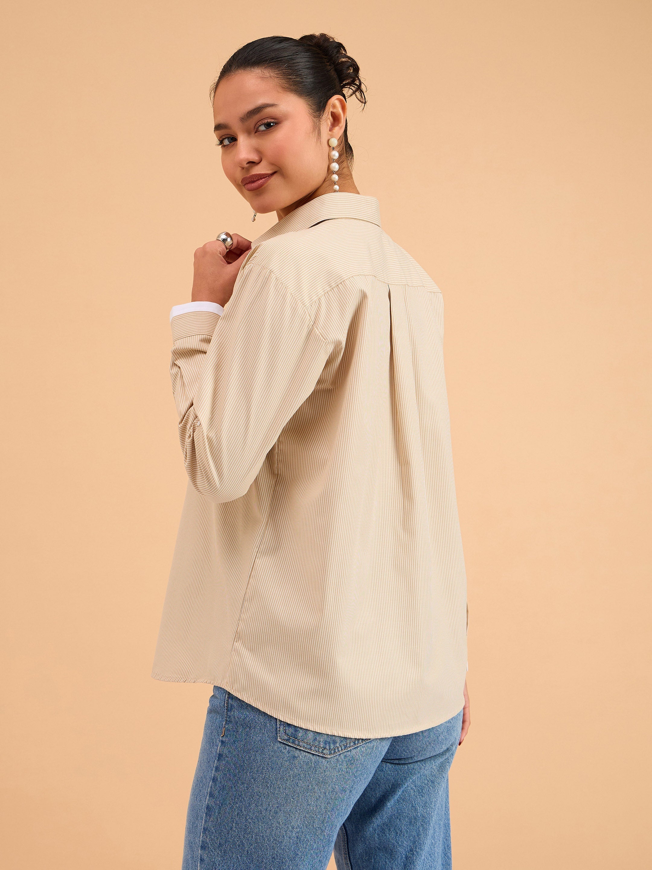 Women Beige Striped Roll Up Sleeves Shirt-BASHRT20541