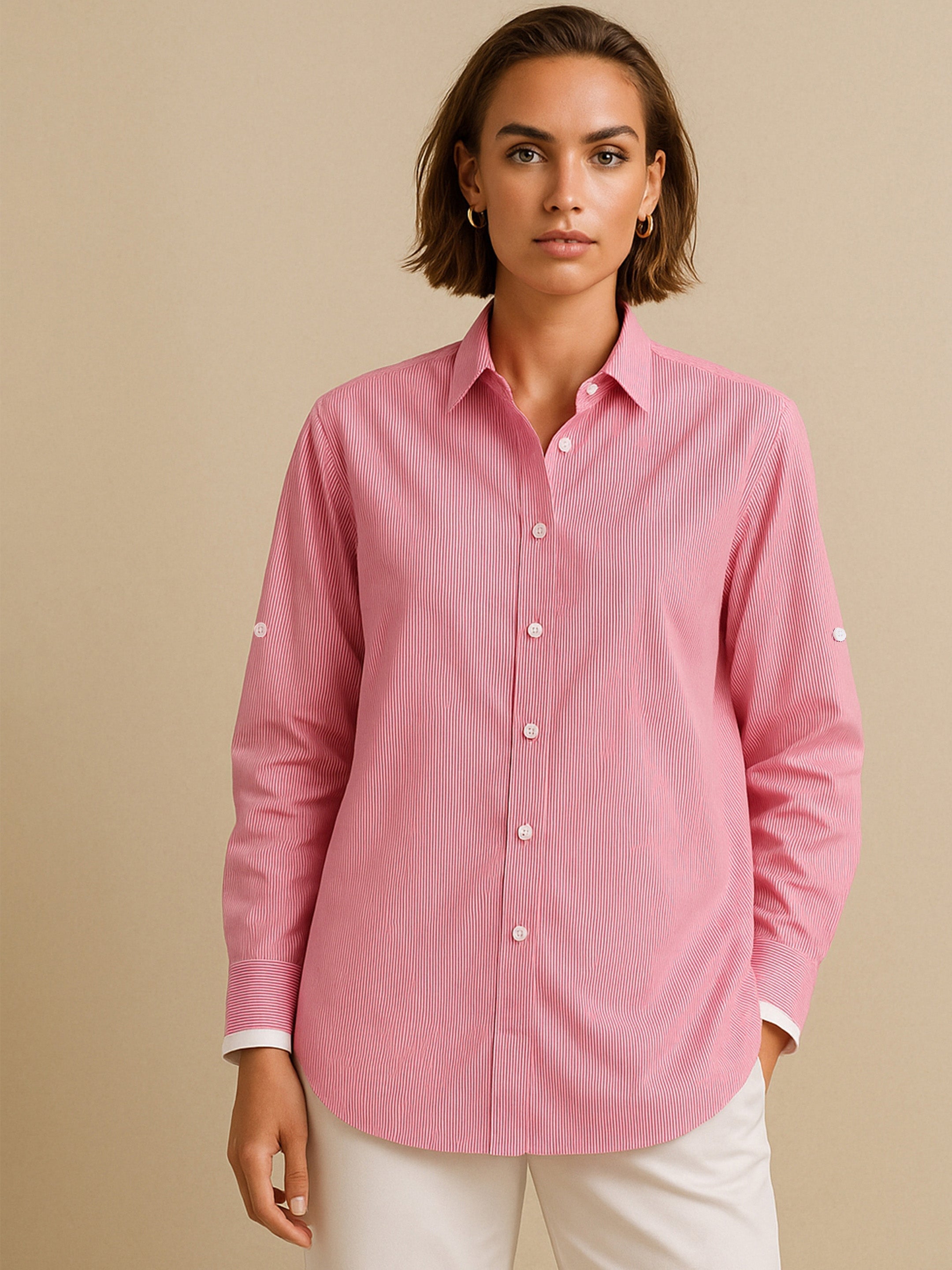 Women Fuchsia Striped Roll Up Sleeves Shirt-BASHRT20542