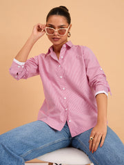Women Fuchsia Striped Roll Up Sleeves Shirt-BASHRT20542