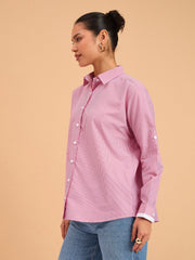 Women Fuchsia Striped Roll Up Sleeves Shirt-BASHRT20542