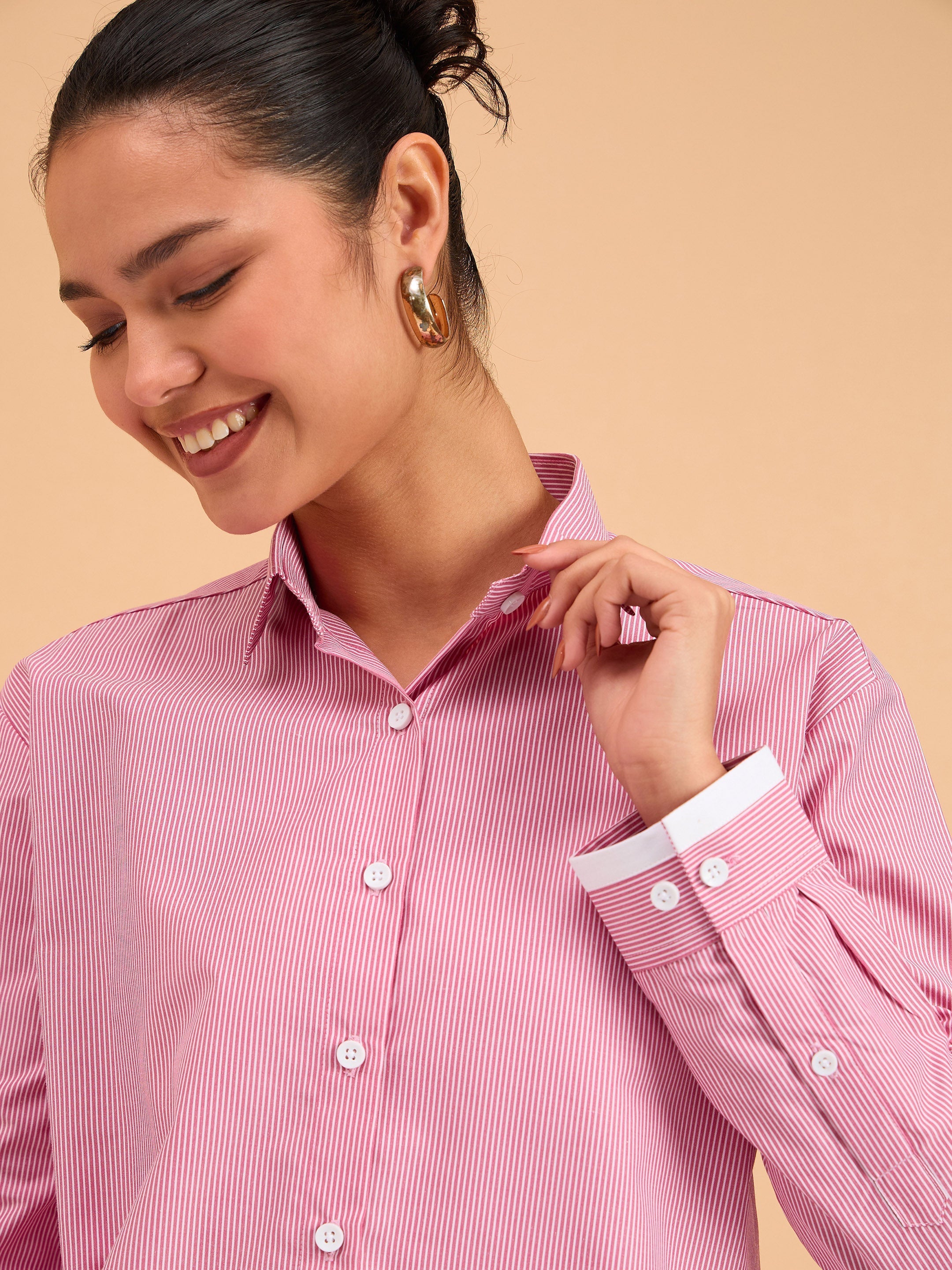 Women Fuchsia Striped Roll Up Sleeves Shirt-BASHRT20542