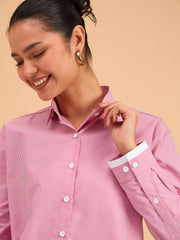 Women Fuchsia Striped Roll Up Sleeves Shirt-BASHRT20542