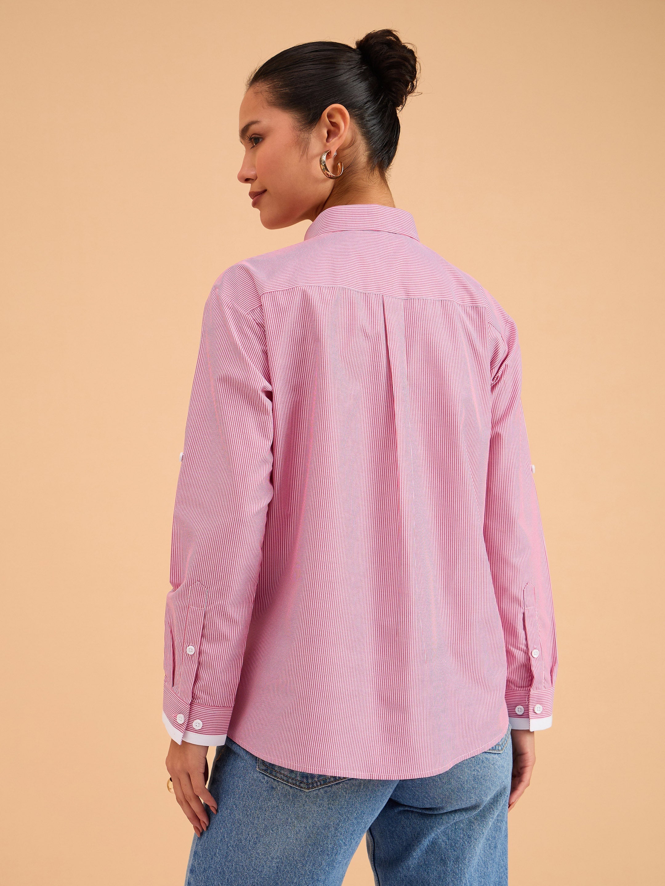 Women Fuchsia Striped Roll Up Sleeves Shirt-BASHRT20542
