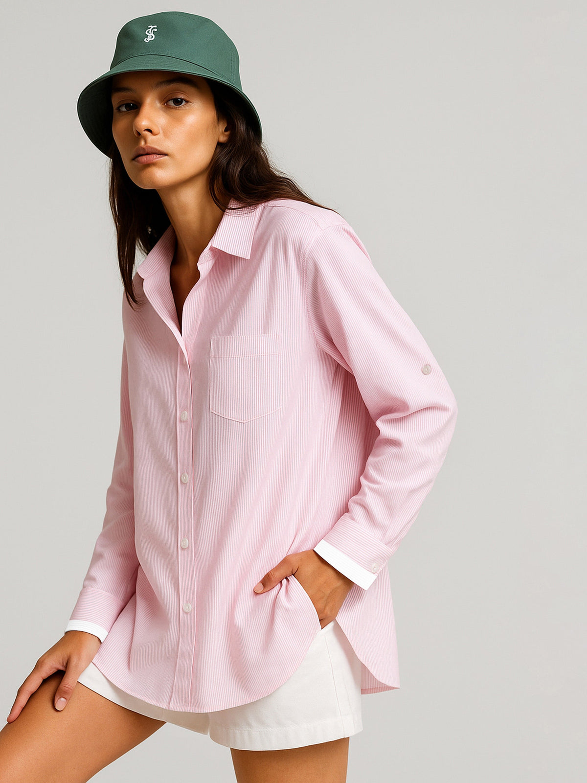 Women Pink Striped Roll Up Sleeves Shirt-BASHRT20544