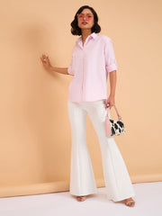 Women Pink Striped Roll Up Sleeves Shirt-BASHRT20544