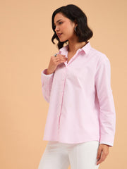 Women Pink Striped Roll Up Sleeves Shirt-BASHRT20544