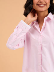 Women Pink Striped Roll Up Sleeves Shirt-BASHRT20544