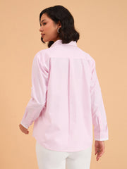 Women Pink Striped Roll Up Sleeves Shirt-BASHRT20544