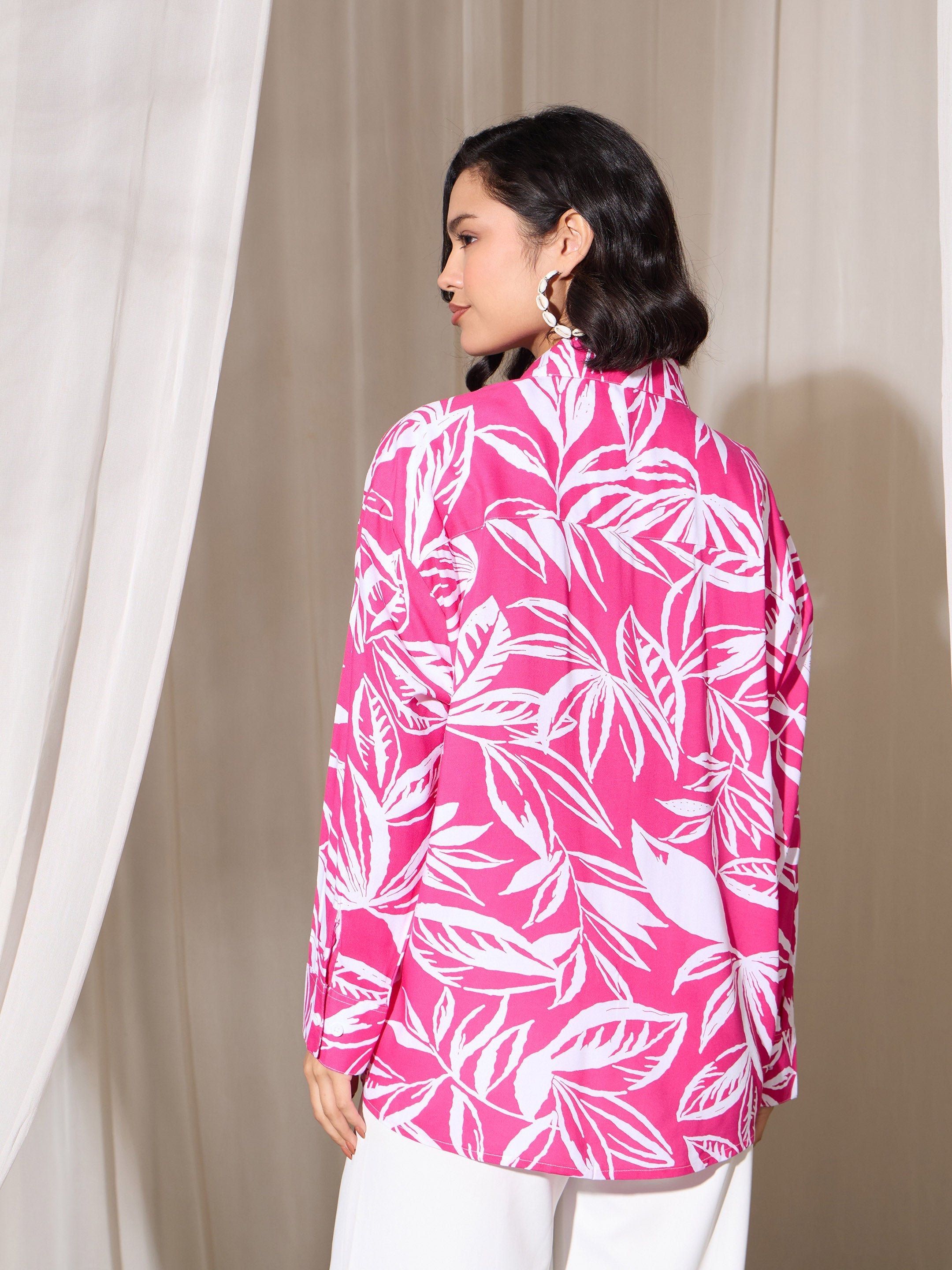 Women Fuchsia Tropical Floral Oversized Shirt-BASHRT20545