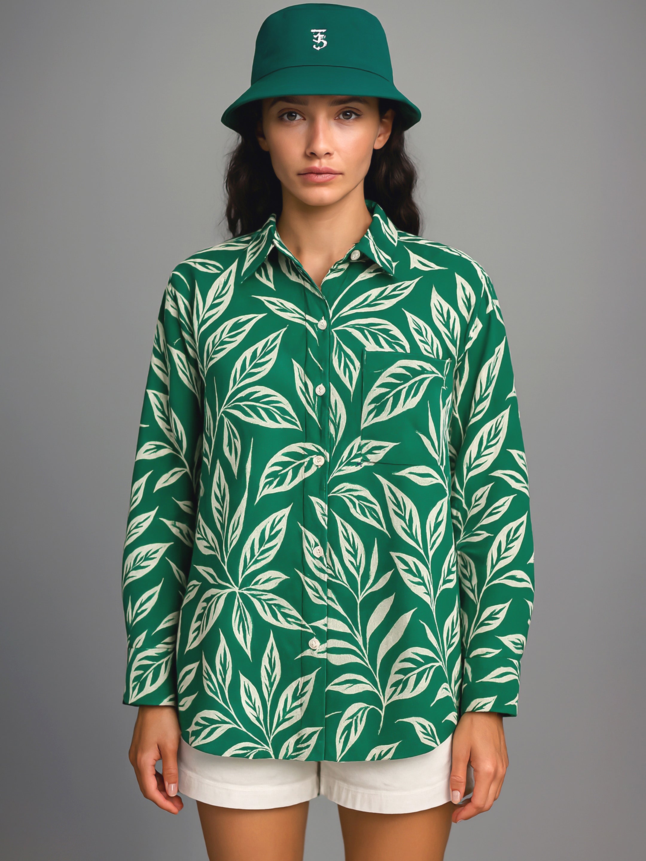 Women Green Tropical Floral Oversized Shirt-BASHRT20546