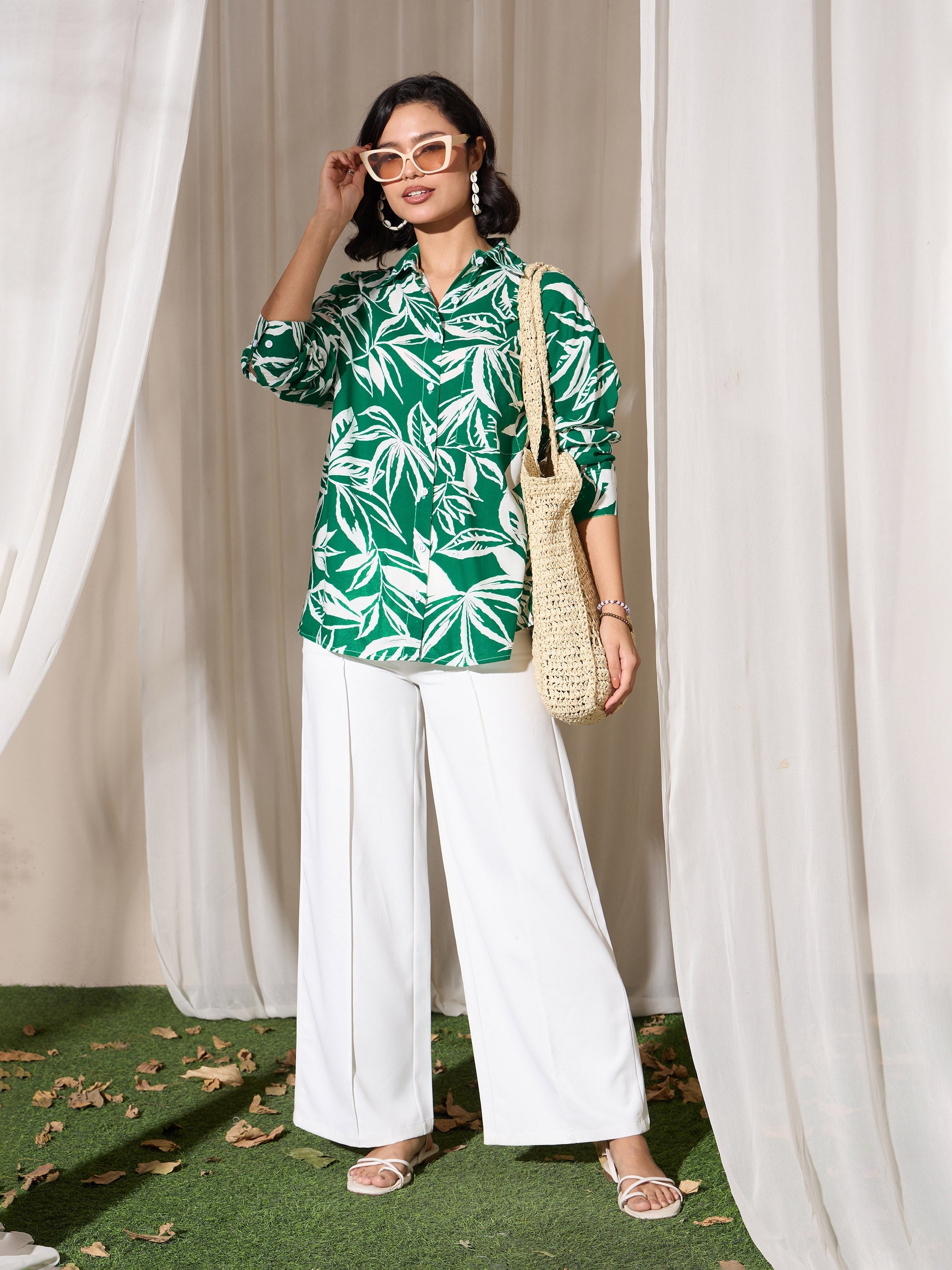 Women Green Tropical Floral Oversized Shirt-BASHRT20546