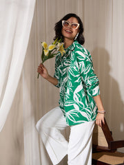 Women Green Tropical Floral Oversized Shirt-BASHRT20546