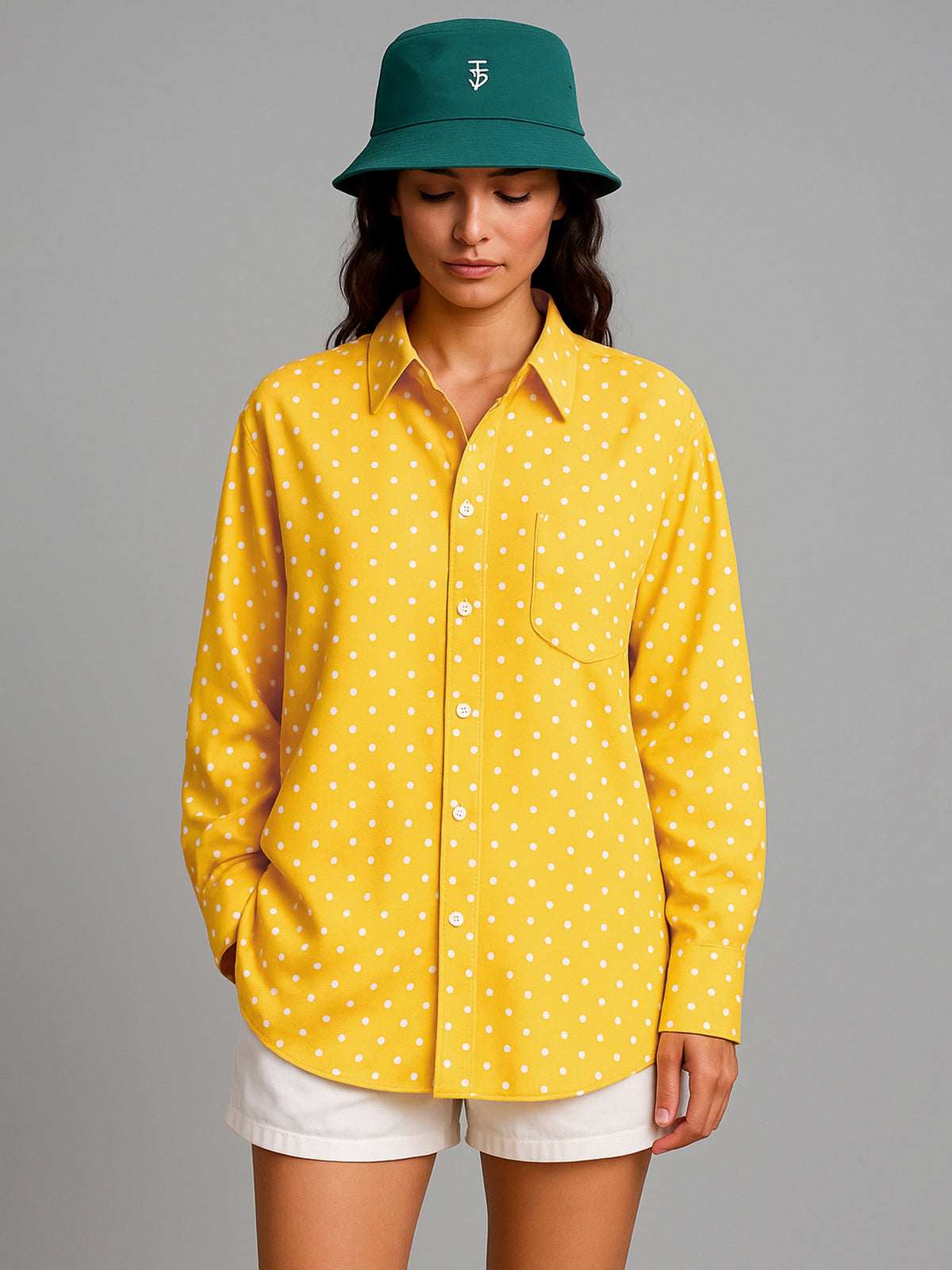 Women Yellow Pin Polka Dot Oversized Shirt-BASHRT20547