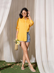 Women Yellow Pin Polka Dot Oversized Shirt-BASHRT20547