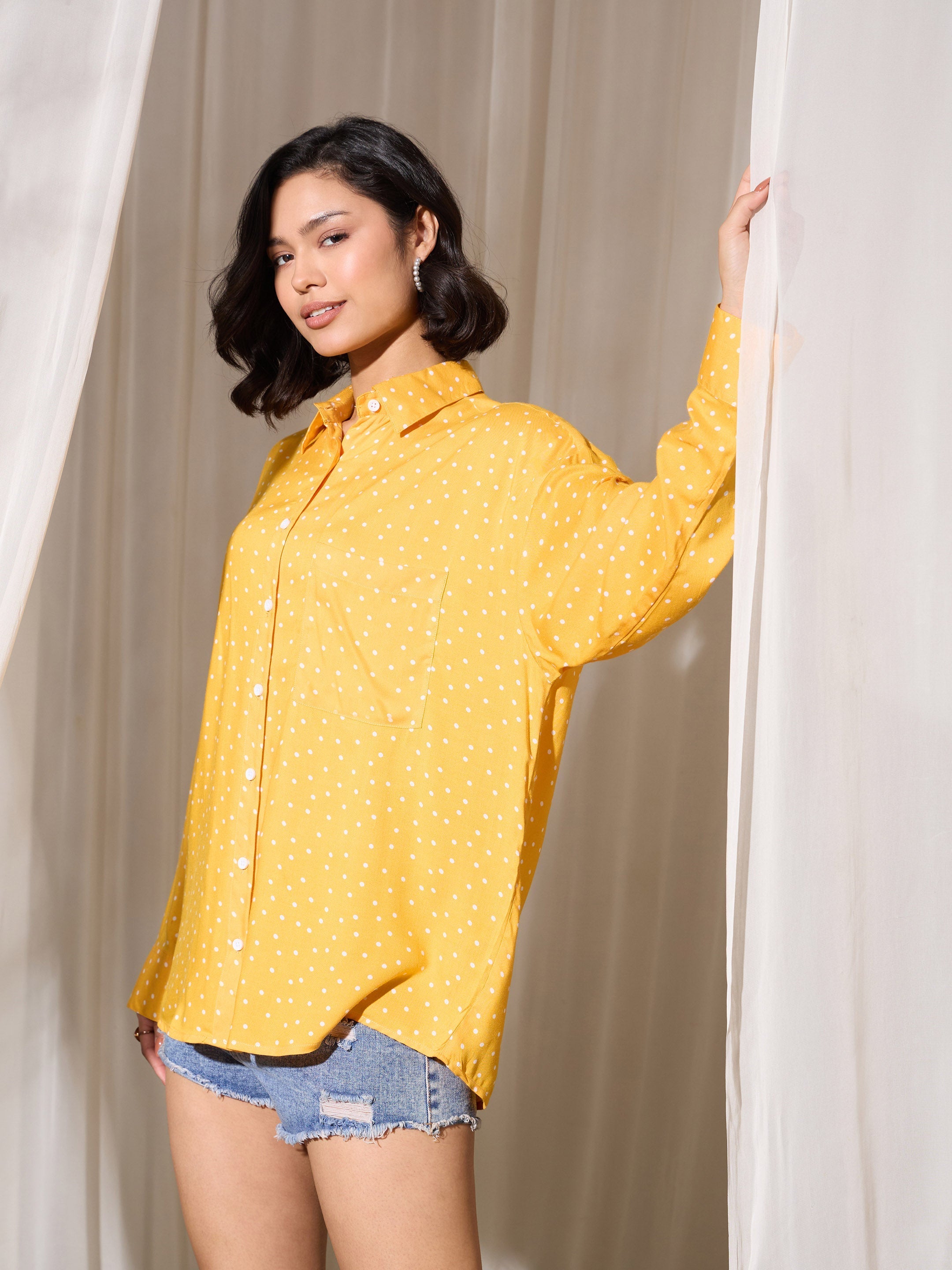 Women Yellow Pin Polka Dot Oversized Shirt-BASHRT20547