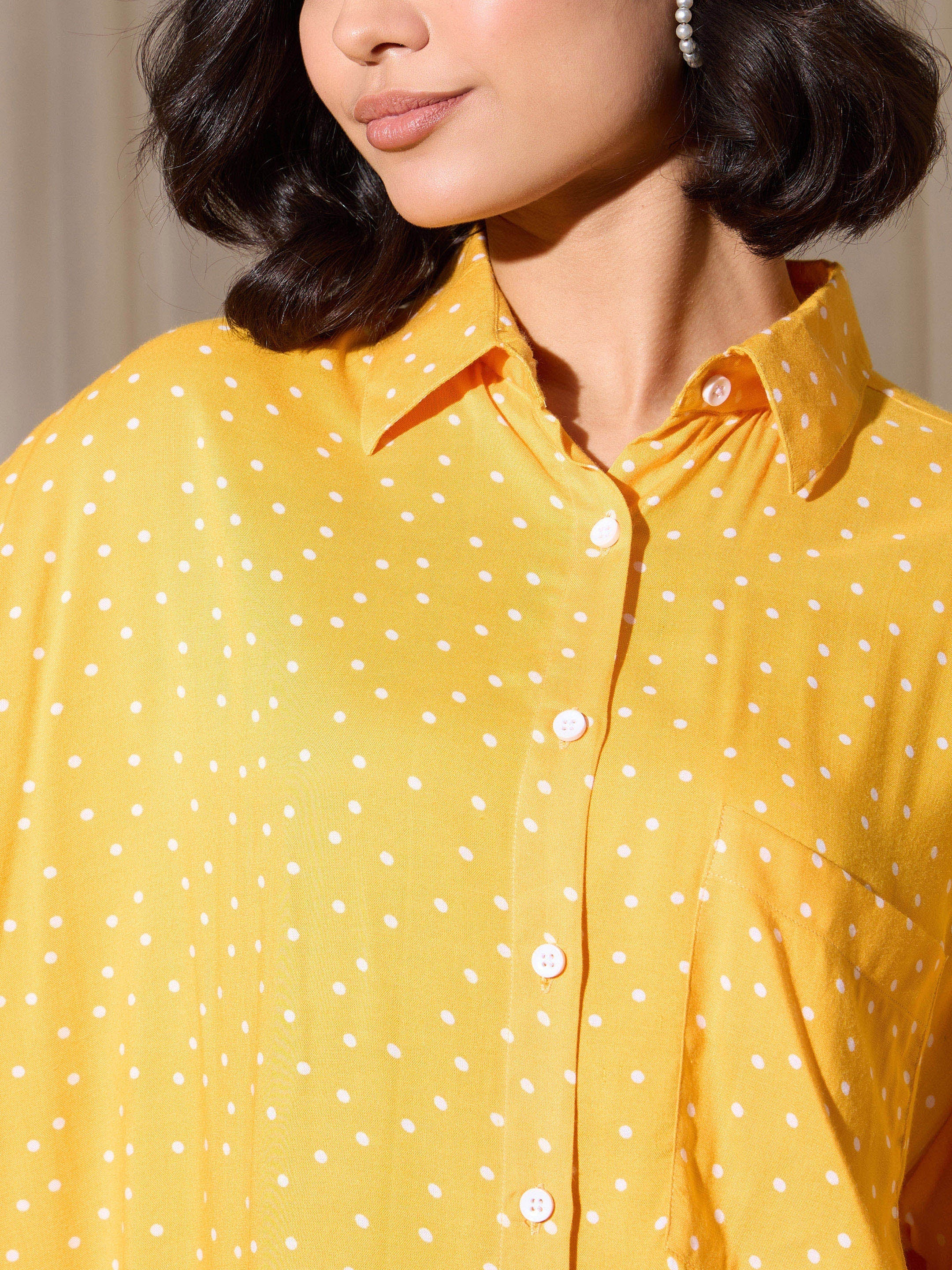 Women Yellow Pin Polka Dot Oversized Shirt-BASHRT20547