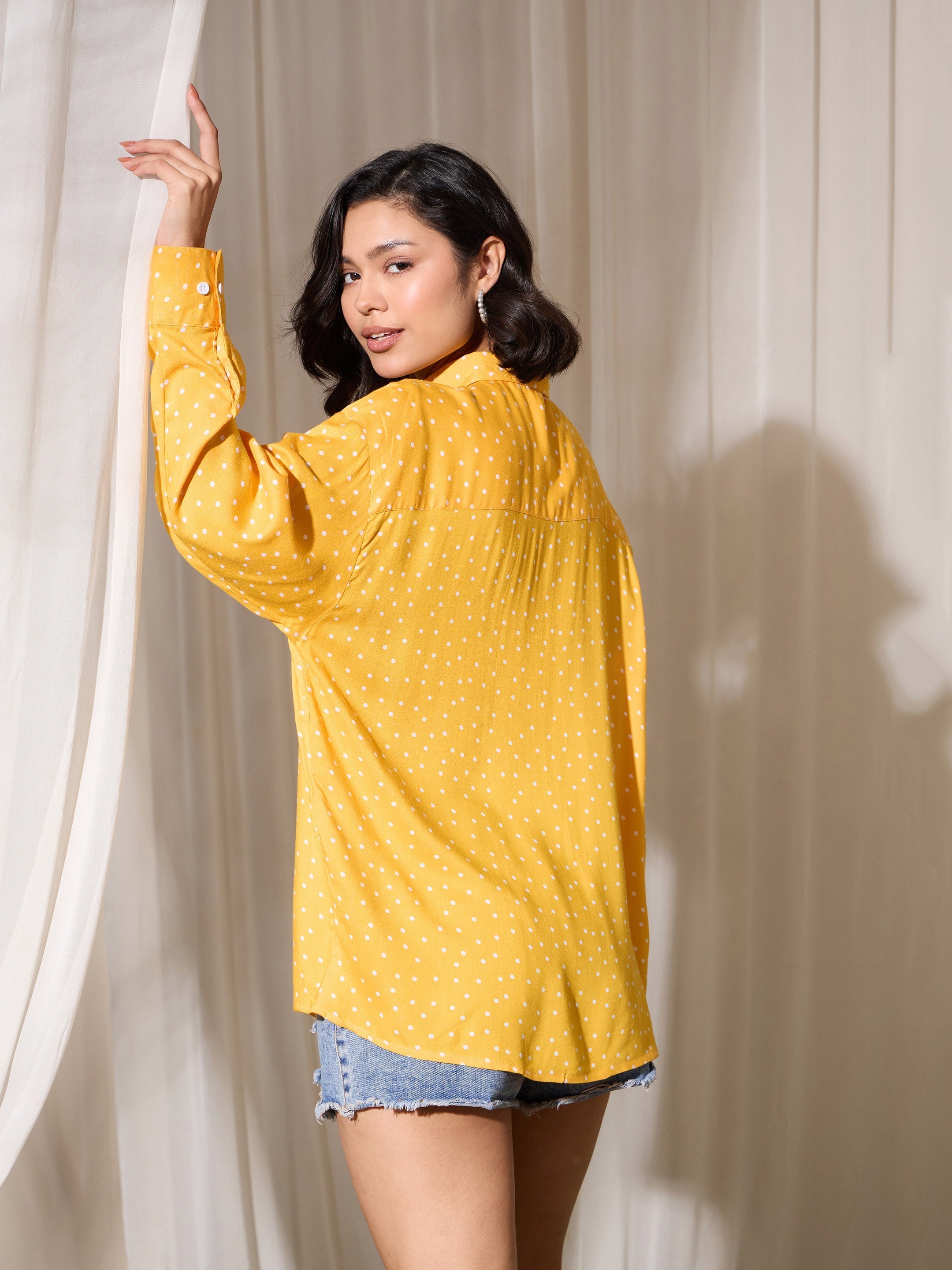 Women Yellow Pin Polka Dot Oversized Shirt-BASHRT20547