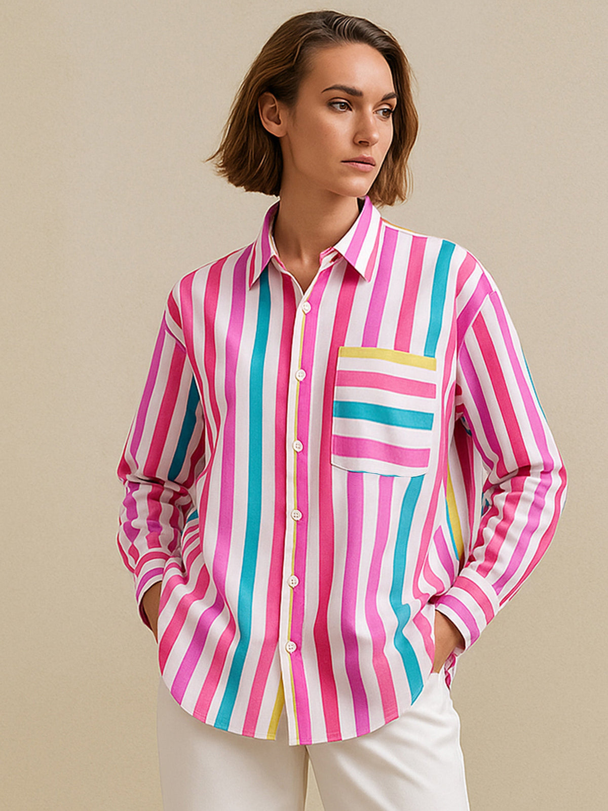 Women Pink Multi Stripes Pocket Detail Oversized Shirt-BASHRT20548