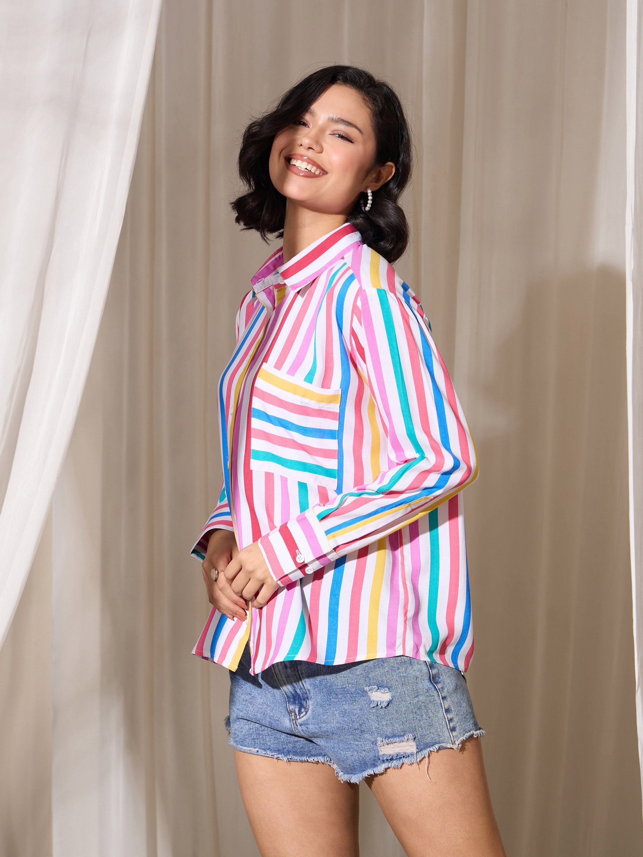Women Pink Multi Stripes Pocket Detail Oversized Shirt-BASHRT20548