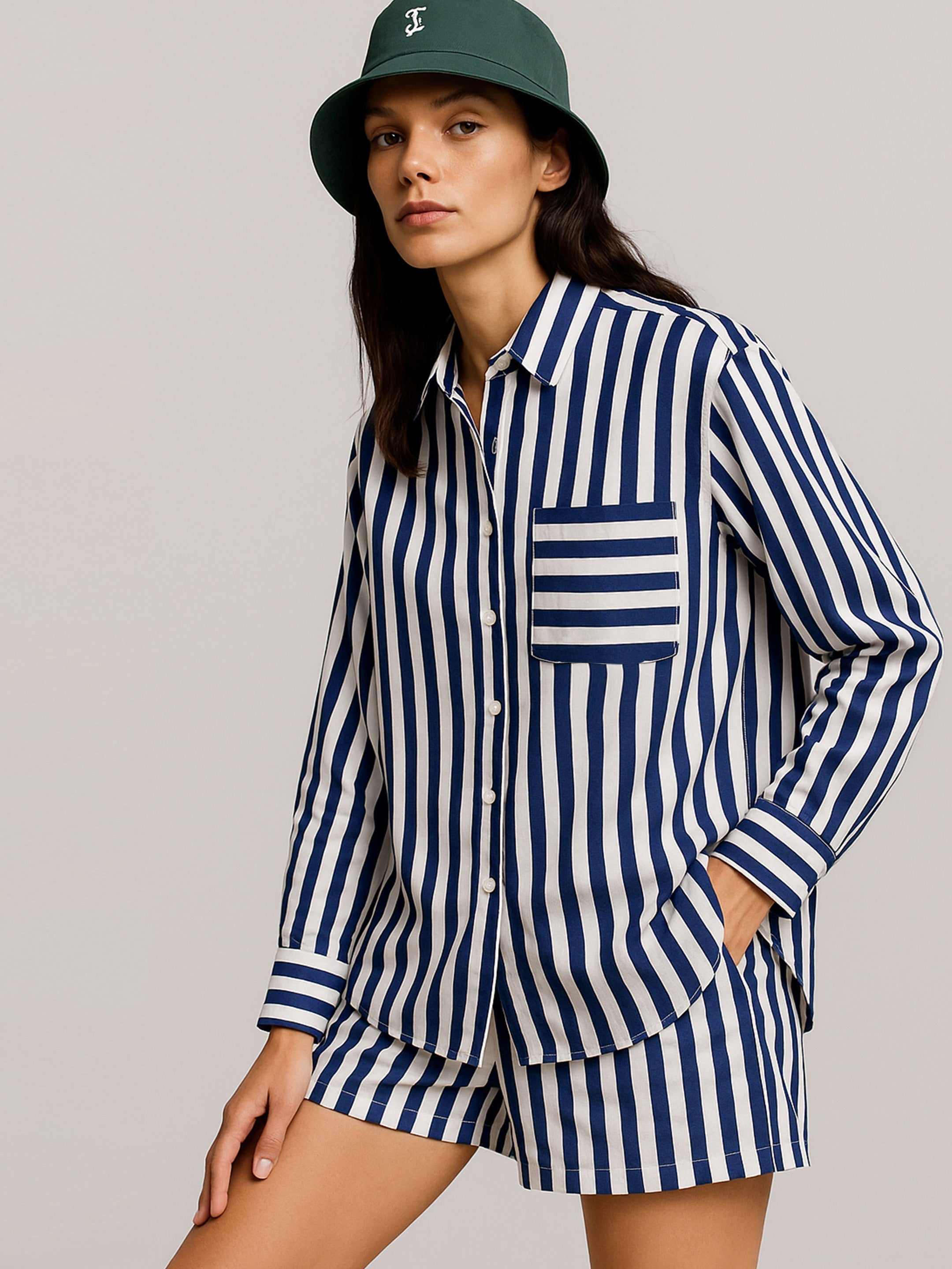 Women Navy Stripes Pocket Detail Oversized Shirt-BASHRT20549