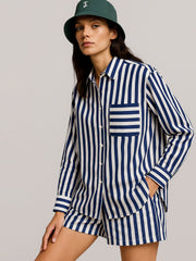 Women Navy Stripes Pocket Detail Oversized Shirt-BASHRT20549