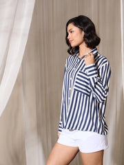 Women Navy Stripes Pocket Detail Oversized Shirt-BASHRT20549