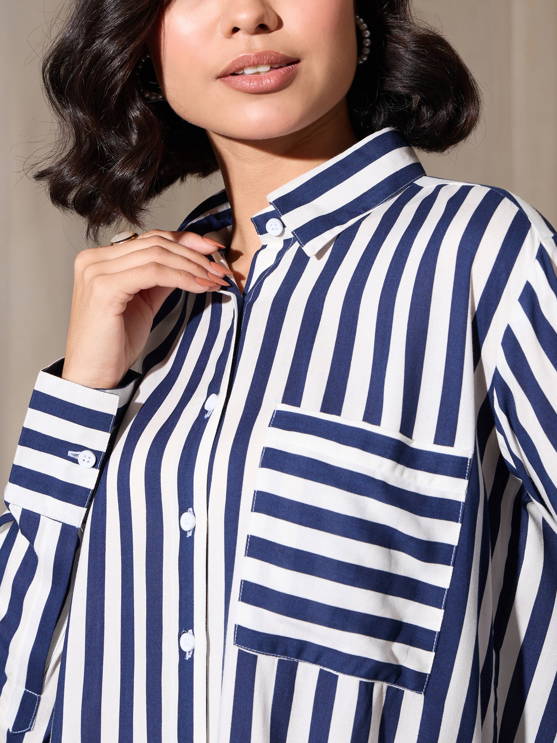 Women Navy Stripes Pocket Detail Oversized Shirt-BASHRT20549