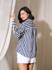 Women Navy Stripes Pocket Detail Oversized Shirt-BASHRT20549