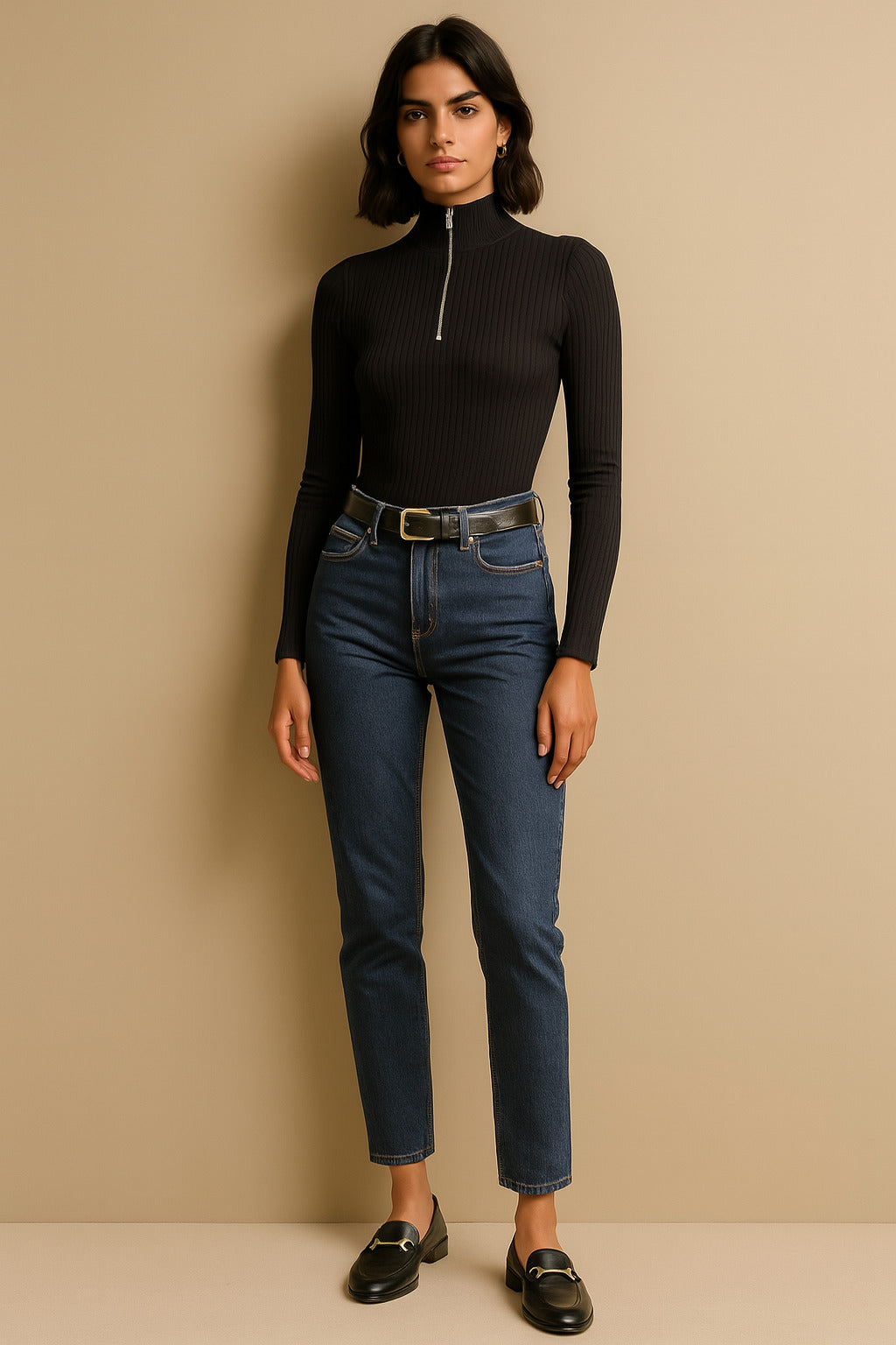 Women Black Rib Half Zipper Full Sleeves Top-BATOPS42124
