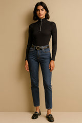 Women Black Rib Half Zipper Full Sleeves Top-BATOPS42124