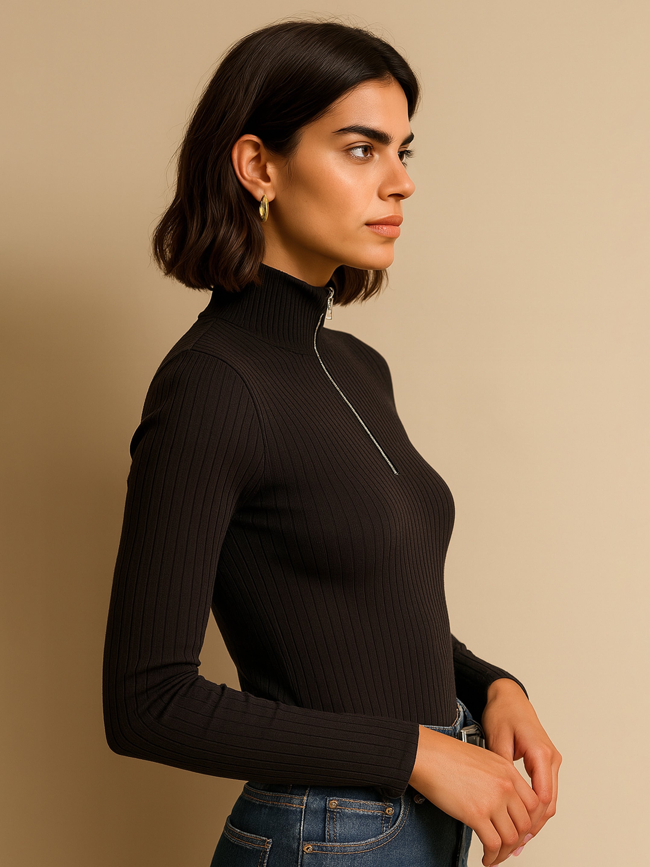Women Black Rib Half Zipper Full Sleeves Top-BATOPS42124