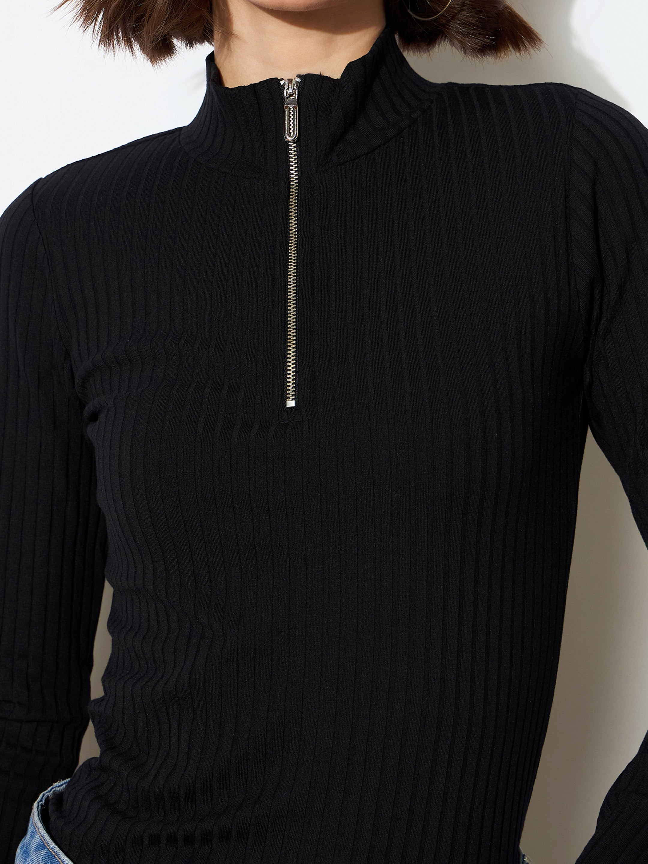 Women Black Rib Half Zipper Full Sleeves Top-BATOPS42124