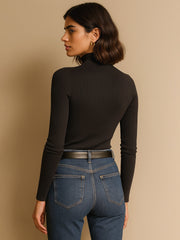 Women Black Rib Half Zipper Full Sleeves Top-BATOPS42124
