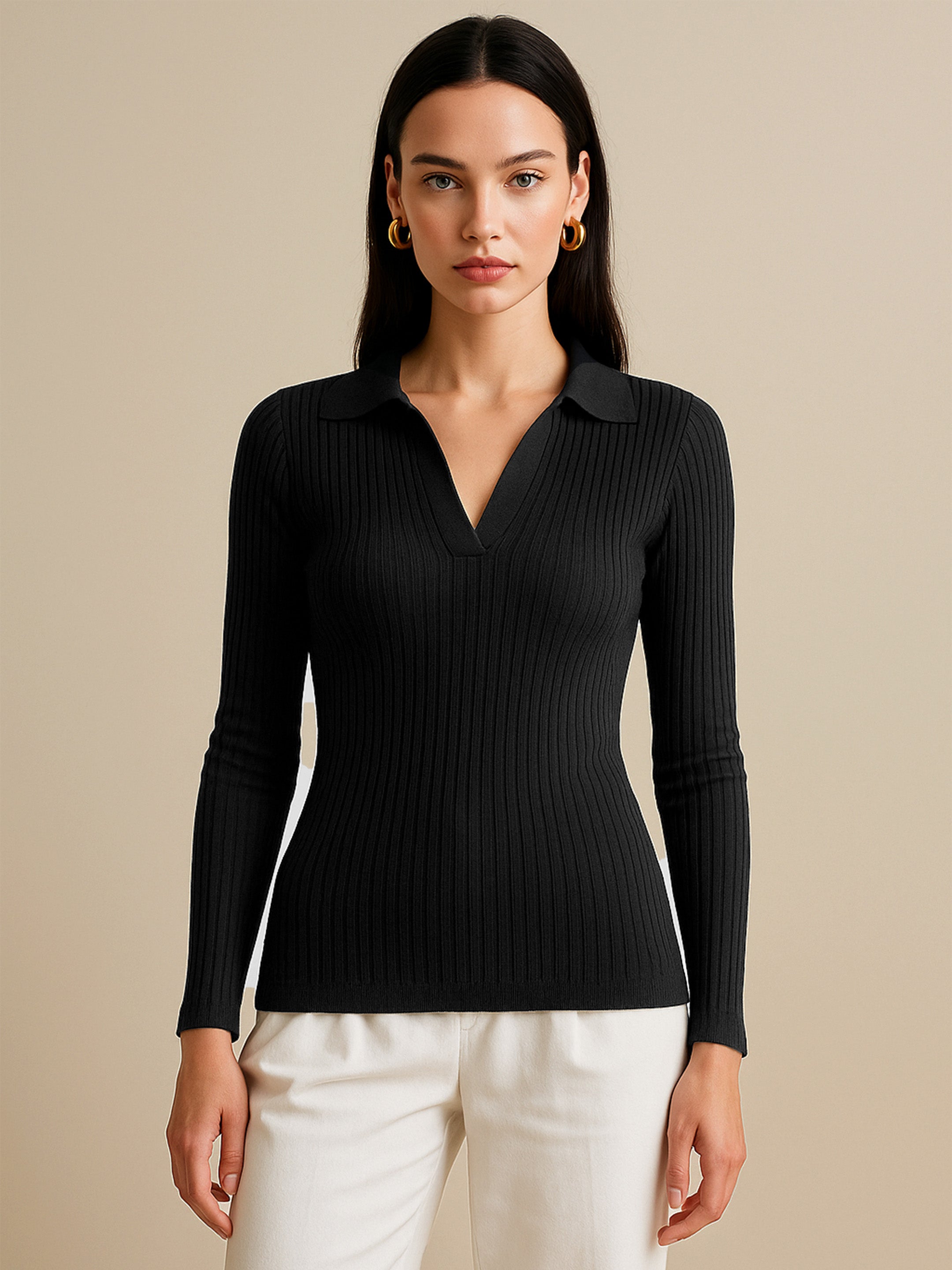 Women Black Rib Polo Style V-Neck Neck Top-BATOPS42127