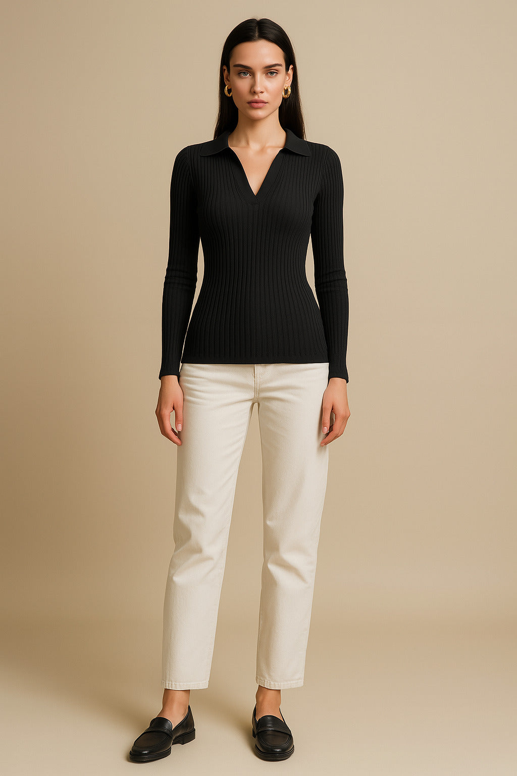 Women Black Rib Polo Style V-Neck Neck Top-BATOPS42127
