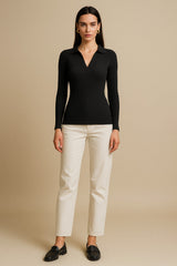 Women Black Rib Polo Style V-Neck Neck Top-BATOPS42127