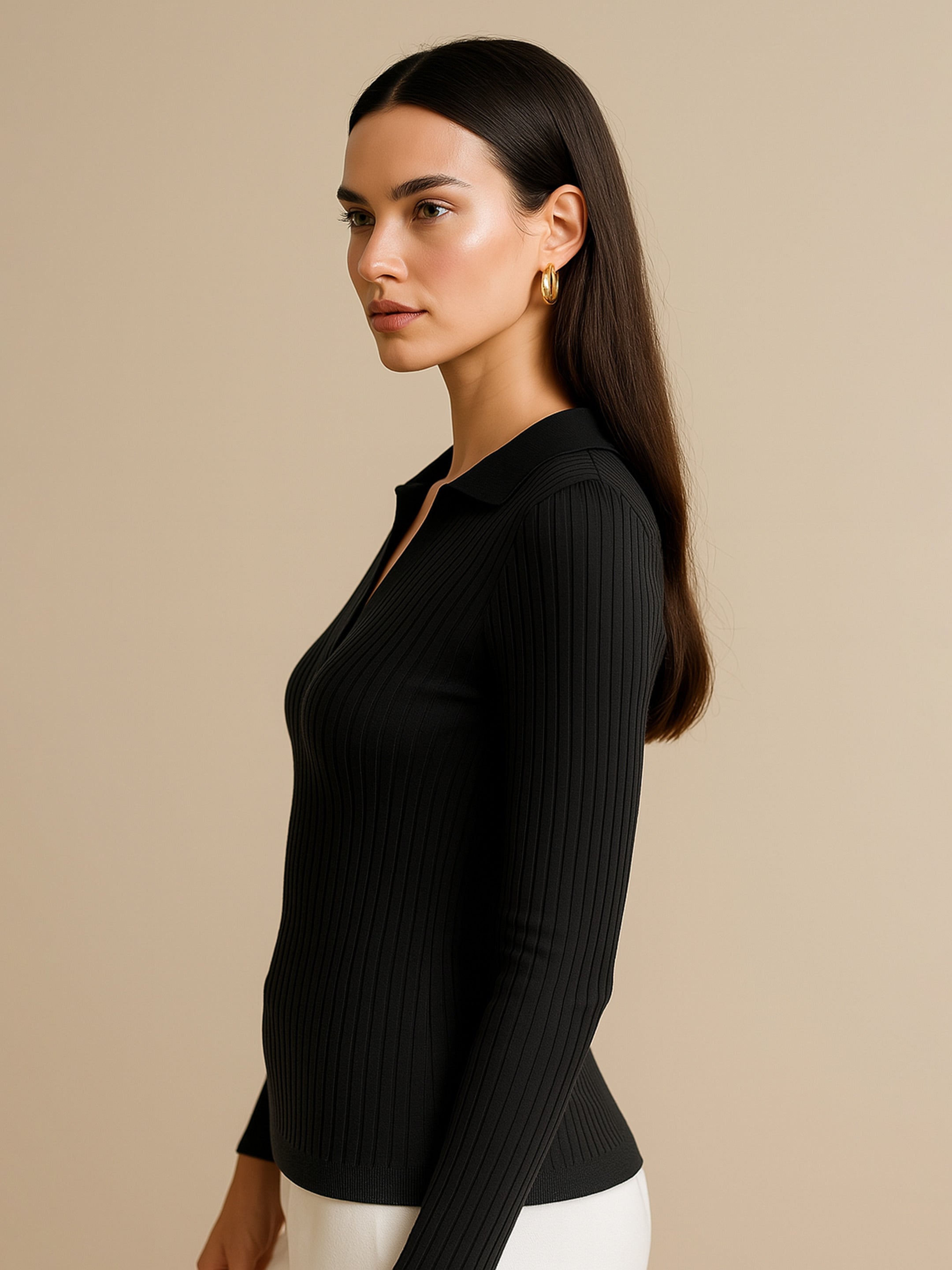 Women Black Rib Polo Style V-Neck Neck Top-BATOPS42127