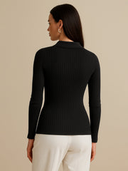 Women Black Rib Polo Style V-Neck Neck Top-BATOPS42127