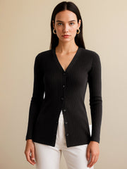 Women Black Rib Front Button Top-BATOPS42128