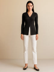 Women Black Rib Front Button Top-BATOPS42128
