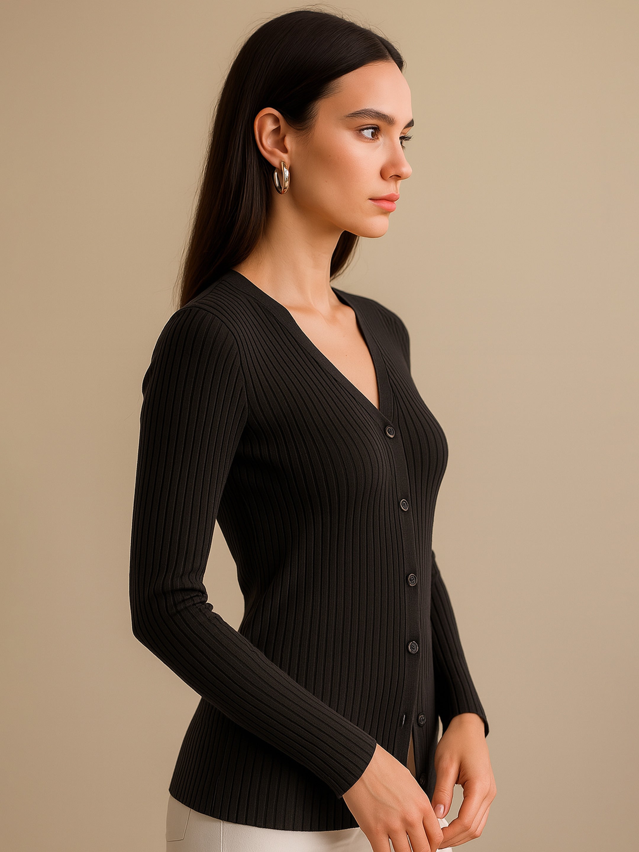 Women Black Rib Front Button Top-BATOPS42128