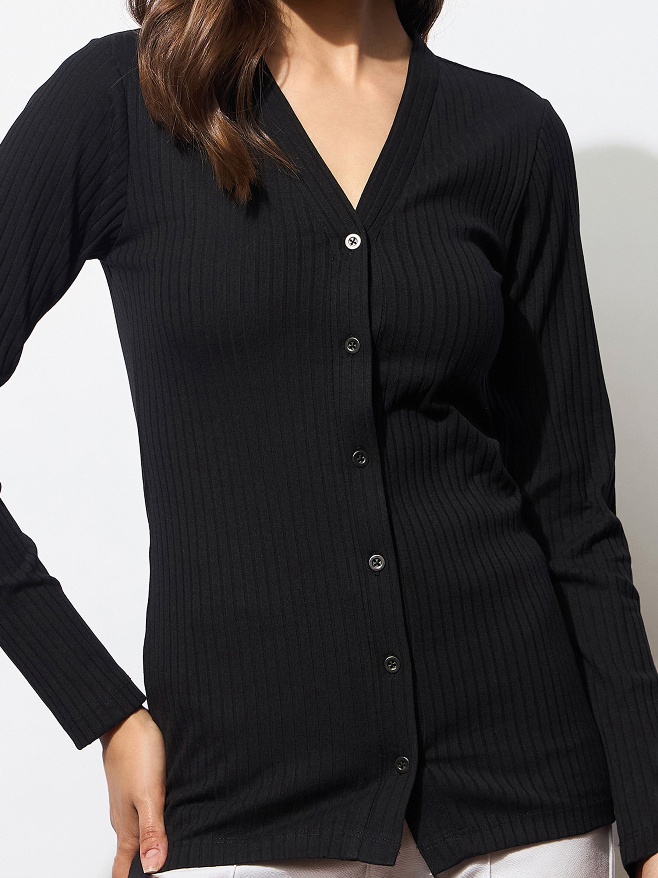 Women Black Rib Front Button Top-BATOPS42128