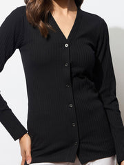 Women Black Rib Front Button Top-BATOPS42128