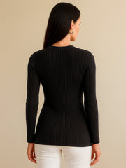 Women Black Rib Front Button Top-BATOPS42128
