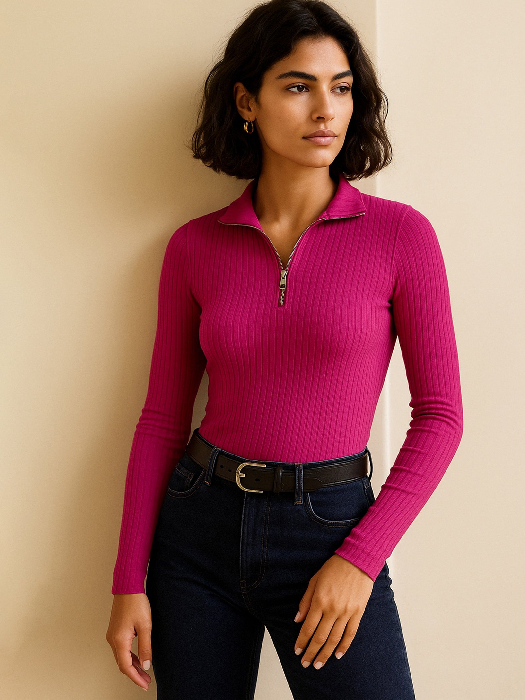 Women Fuchsia Rib Half Zipper Full Sleeves Top-BATOPS42130